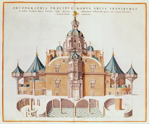 Tycho Brahes observatorium Uraniborg från Joan Blaeus "Atlas Major", 1663 (färggravyr)